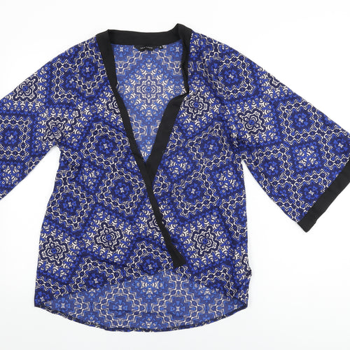 New Look Womens Blue Geometric Polyester Kimono Blouse Size 12 V-Neck