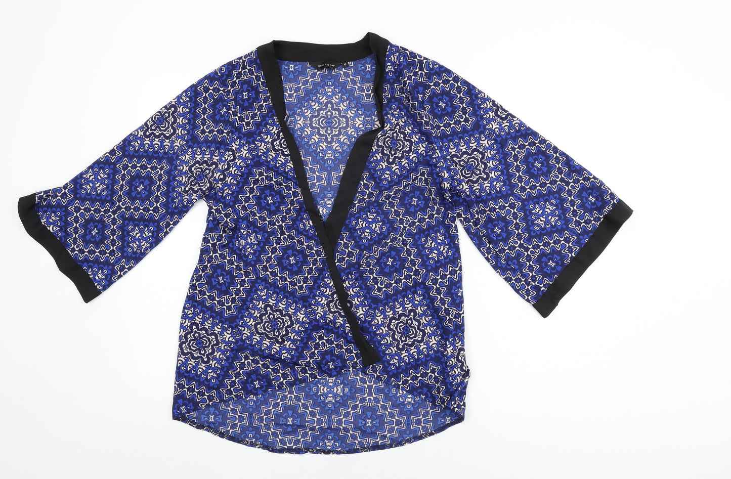 New Look Womens Blue Geometric Polyester Kimono Blouse Size 12 V-Neck