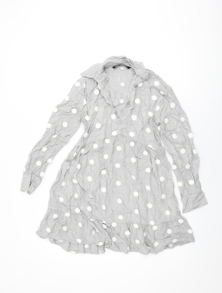 Zara Womens Grey Polka Dot Viscose Shift Size XS Collared Pullover