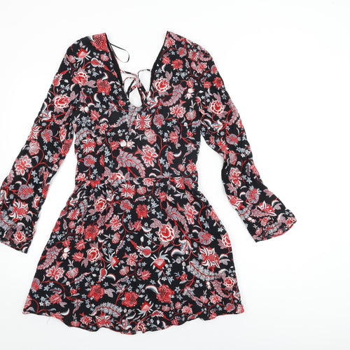 Mango Womens Black Floral Viscose Shift Size S V-Neck Zip