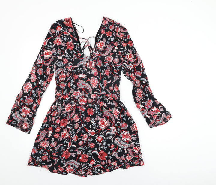 Mango Womens Black Floral Viscose Shift Size S V-Neck Zip