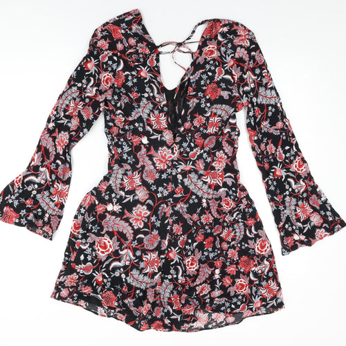 Mango Womens Black Floral Viscose Shift Size S V-Neck Zip