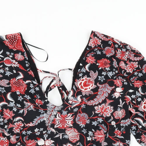 Mango Womens Black Floral Viscose Shift Size S V-Neck Zip