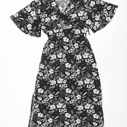 Blue Vanilla Womens Black Floral Polyester A-Line Size 10 V-Neck Tie