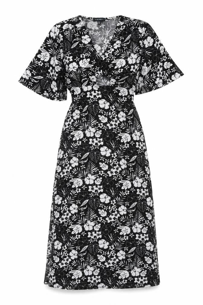 Front view of Blue Vanilla women’s black floral polyester a-line, size UK 10, v-neck tie