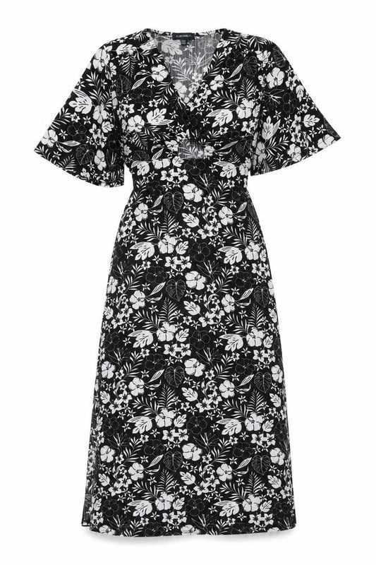 Front view of Blue Vanilla women’s black floral polyester a-line, size UK 10, v-neck tie
