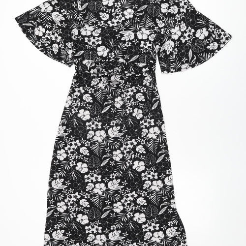 Blue Vanilla Womens Black Floral Polyester A-Line Size 10 V-Neck Tie