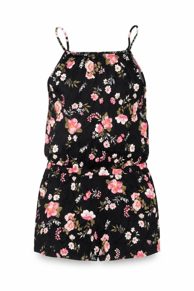 Front view of LASCANA women’s black floral viscose playsuit one-piece, size UK 12, pullover