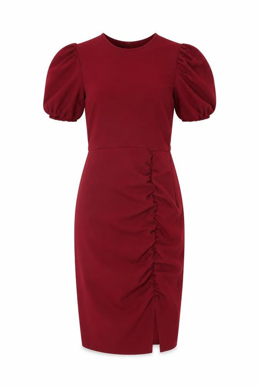 Front view of Quiz women’s red polyester bodycon, size UK 8, round neck pullover