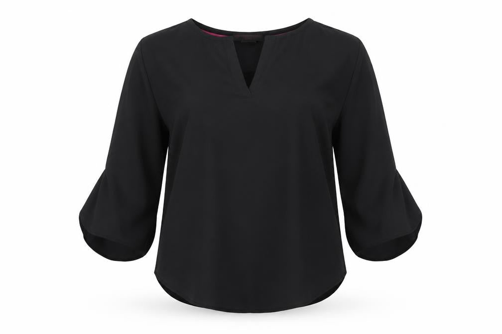 Front view of Christian Siriano women’s black polyester basic blouse, size S, v-neck
