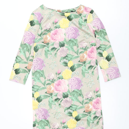 H&M Womens Beige Floral Polyester Shift Size 4 Round Neck Button
