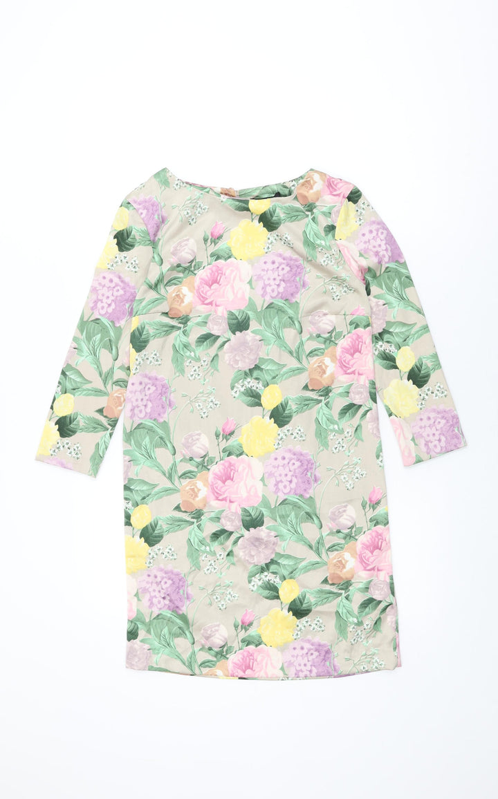 H&M Womens Beige Floral Polyester Shift Size 4 Round Neck Button