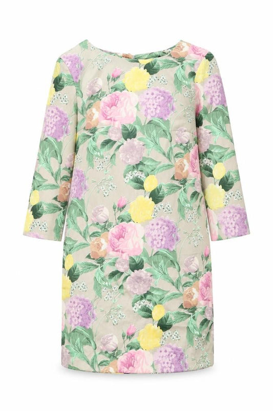 Front view of H&M women’s beige floral polyester shift, size UK 4, round neck button