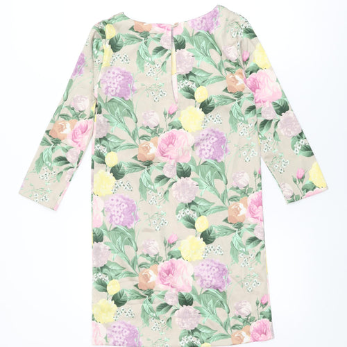 H&M Womens Beige Floral Polyester Shift Size 4 Round Neck Button