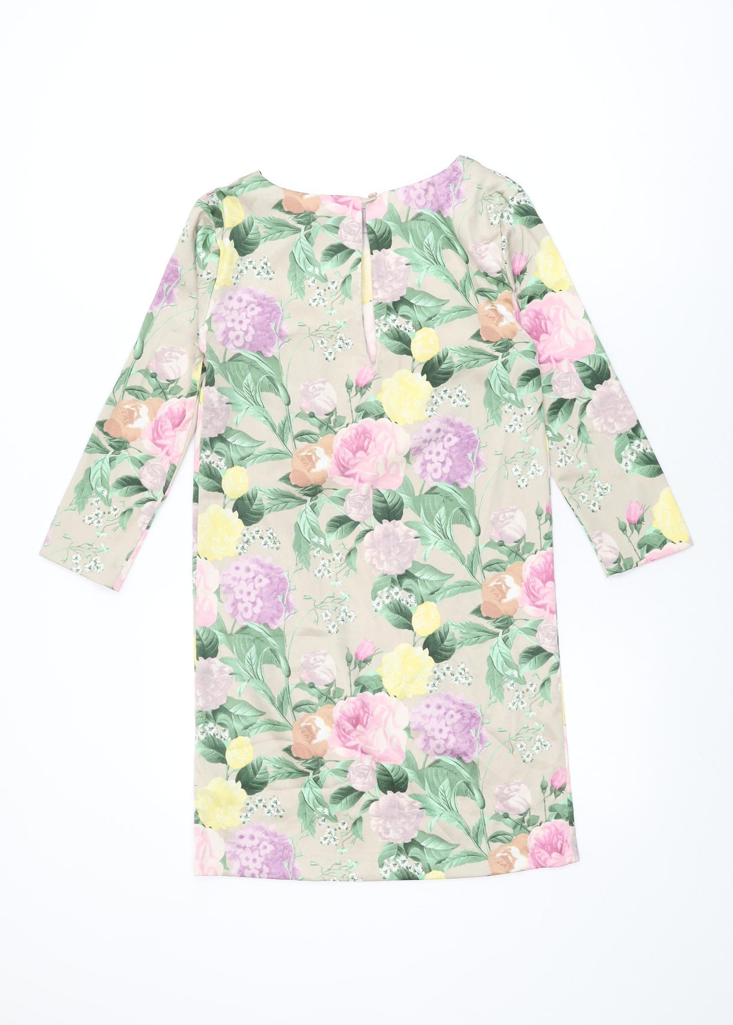 H&M Womens Beige Floral Polyester Shift Size 4 Round Neck Button