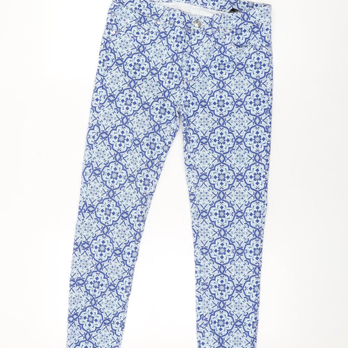 Zara Womens Blue Floral Cotton Skinny Jeans Size 10 L28 in Regular Zip