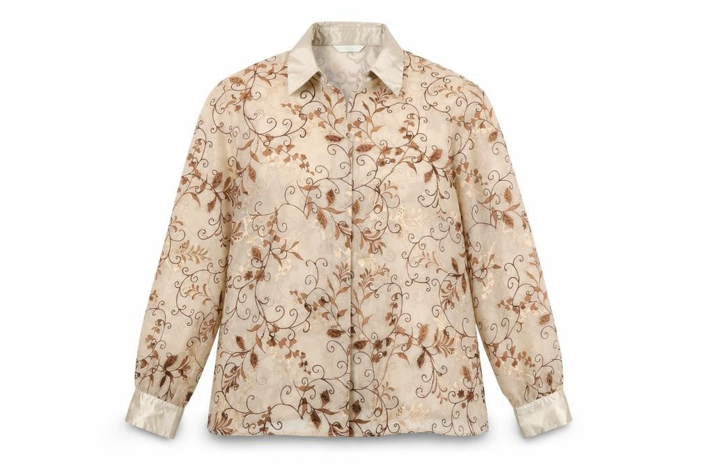 Front view of Marks & Spencer women’s beige floral polyester basic button-up, size UK 20, collared