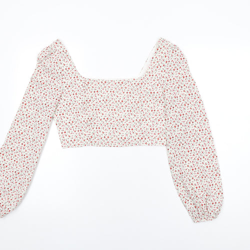 Glamorous Womens Ivory Floral Polyester Cropped Blouse Size 10 Square Neck