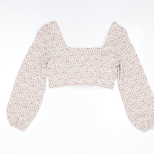Glamorous Womens Ivory Floral Polyester Cropped Blouse Size 10 Square Neck
