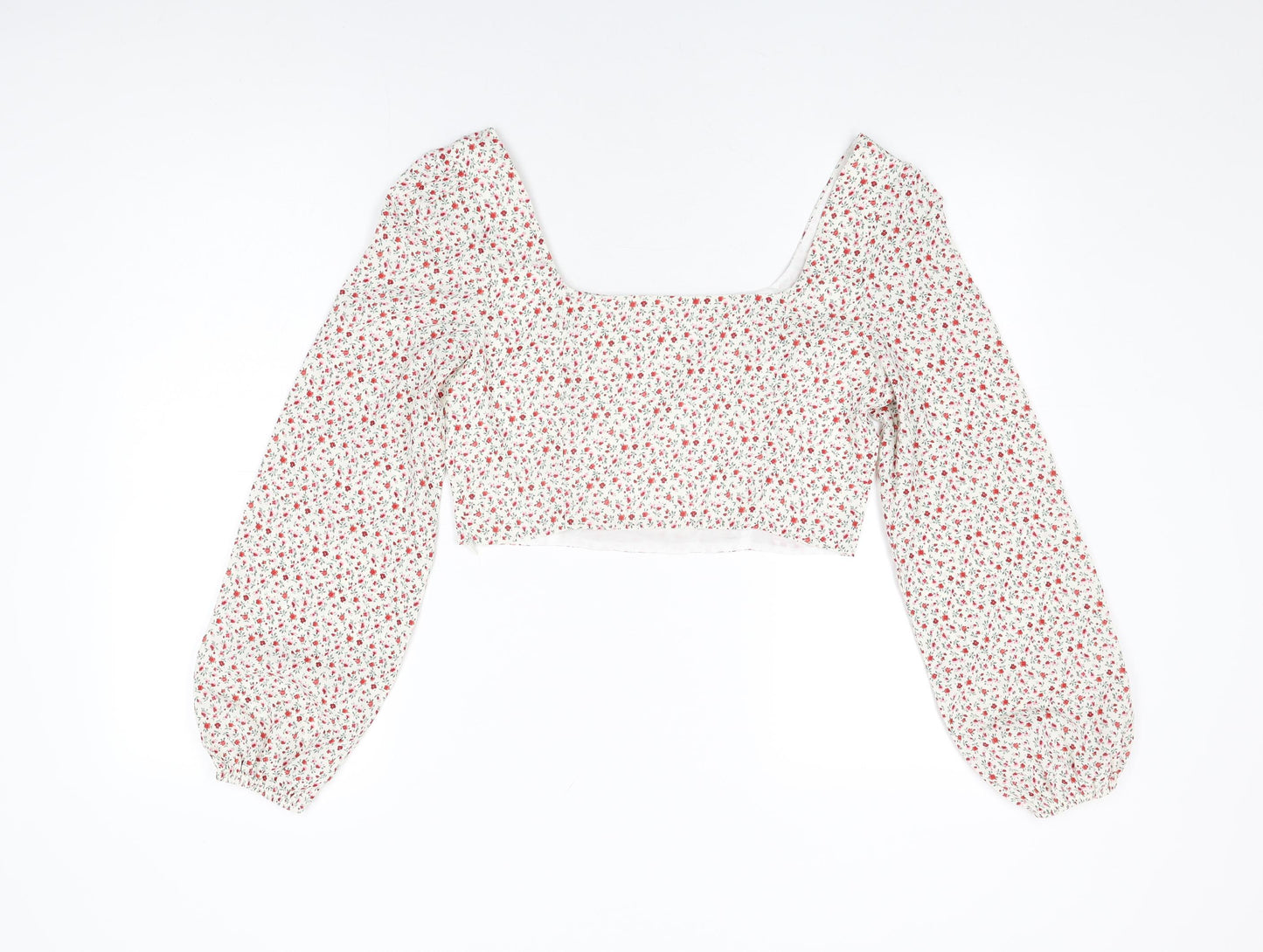 Glamorous Womens Ivory Floral Polyester Cropped Blouse Size 10 Square Neck