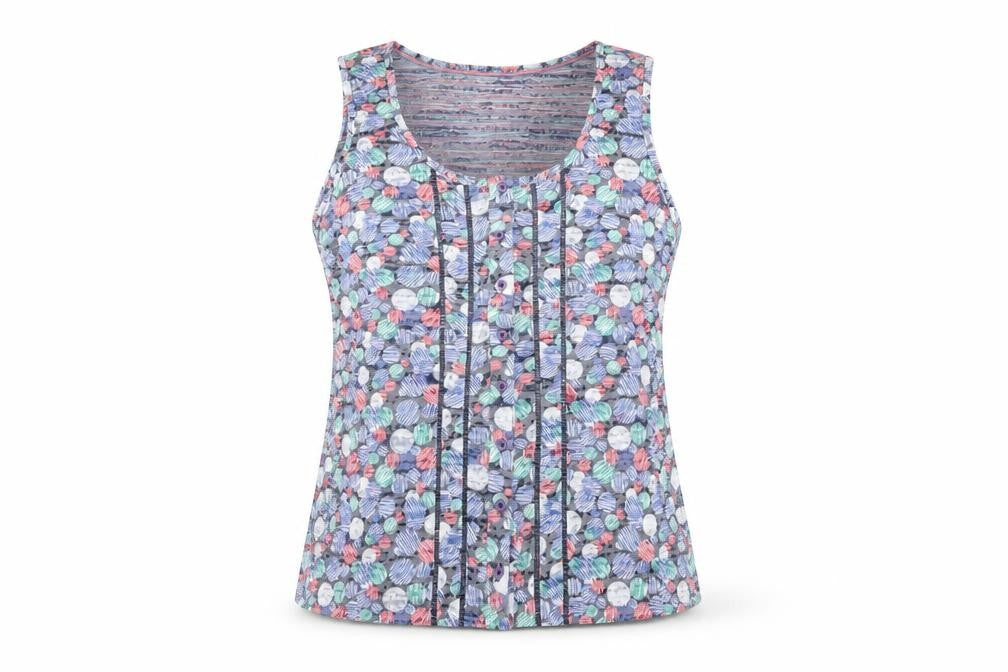 Front view of Per Una women’s grey geometric cotton basic button-up, size UK 12, round neck