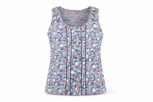 Front view of Per Una women’s grey geometric cotton basic button-up, size UK 12, round neck
