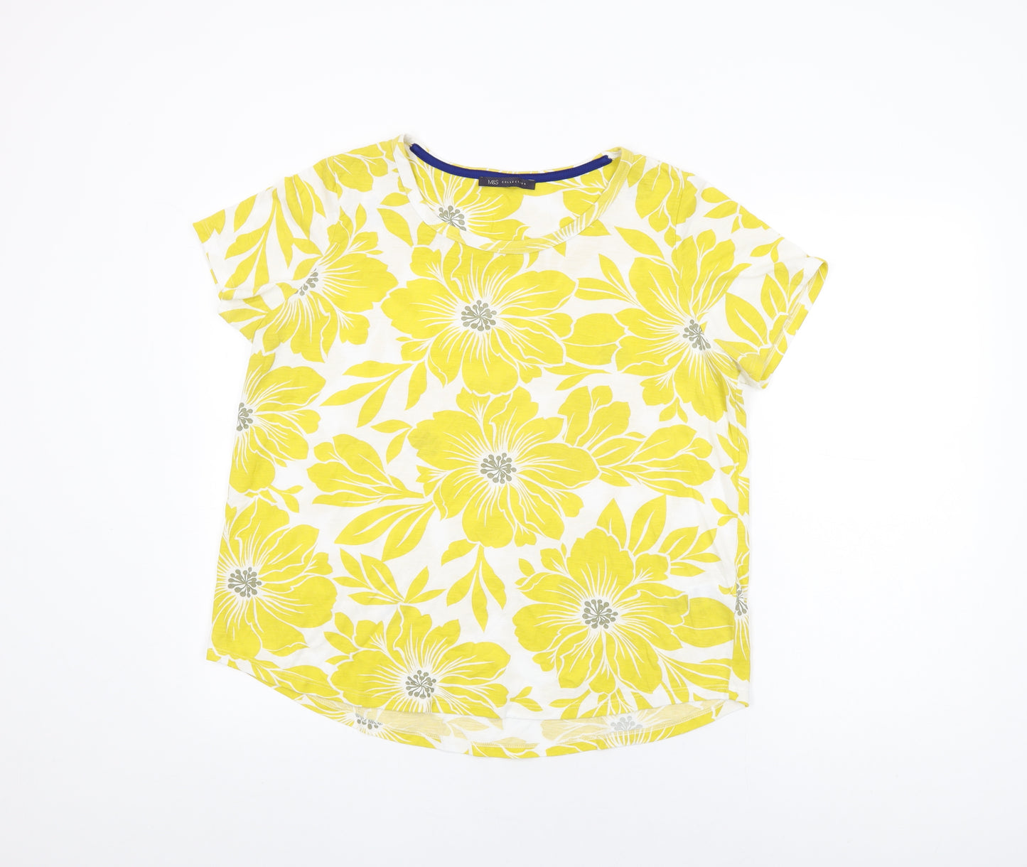 Marks and Spencer Womens White Floral Polyester Basic T-Shirt Size 18 Round Neck