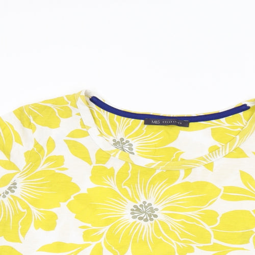 Marks and Spencer Womens White Floral Polyester Basic T-Shirt Size 18 Round Neck