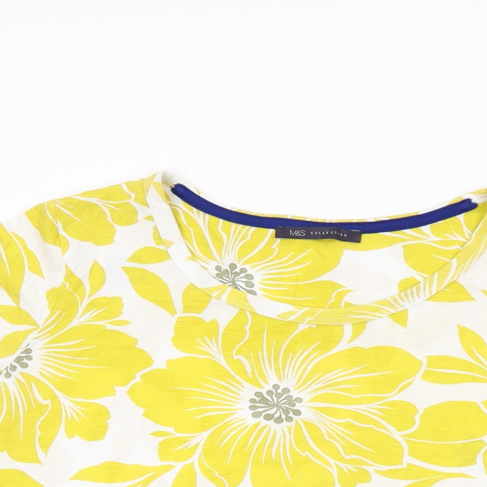 Marks and Spencer Womens White Floral Polyester Basic T-Shirt Size 18 Round Neck