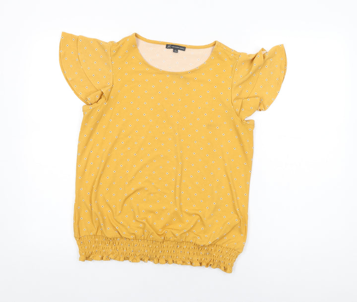 Adrianna Papell Womens Yellow Floral Polyester Basic T-Shirt Size S Round Neck