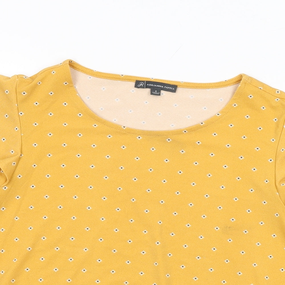 Adrianna Papell Womens Yellow Floral Polyester Basic T-Shirt Size S Round Neck