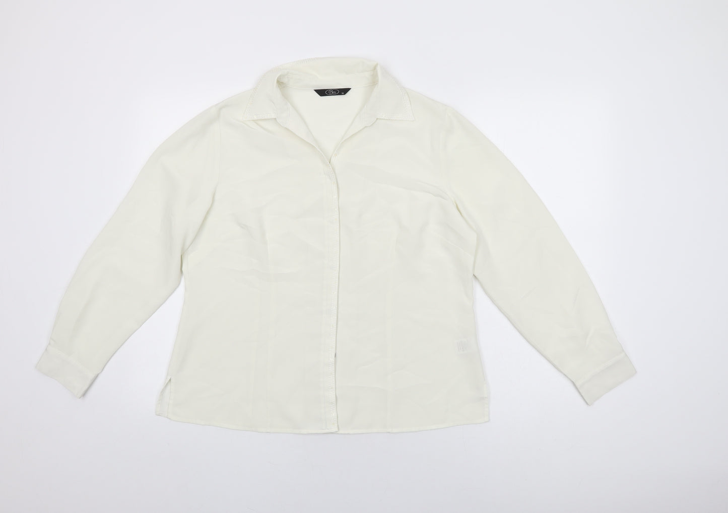 BM Collection Womens Ivory Polyester Basic Button-Up Size 16 Collared