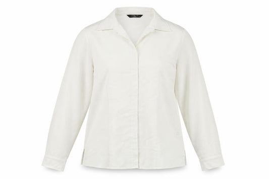 Front view of Bonmarché women’s ivory polyester basic button-up, size UK 16, collared
