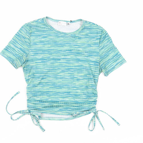 ASOS Womens Green Striped Polyester Cropped T-Shirt Size 12 Crew Neck - Tie Sides
