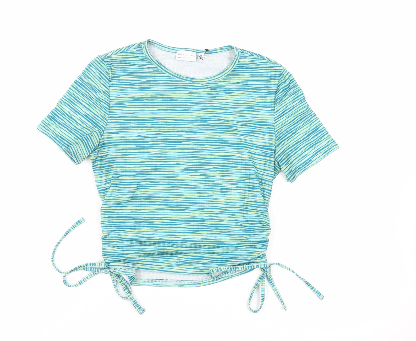 ASOS Womens Green Striped Polyester Cropped T-Shirt Size 12 Crew Neck - Tie Sides