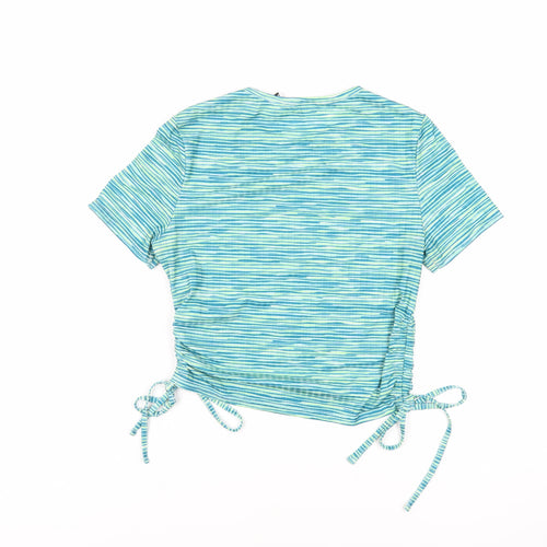 ASOS Womens Green Striped Polyester Cropped T-Shirt Size 12 Crew Neck - Tie Sides