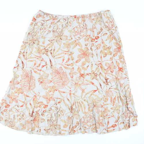 Damart Womens Beige Floral Linen Flare Skirt Size XL Zip