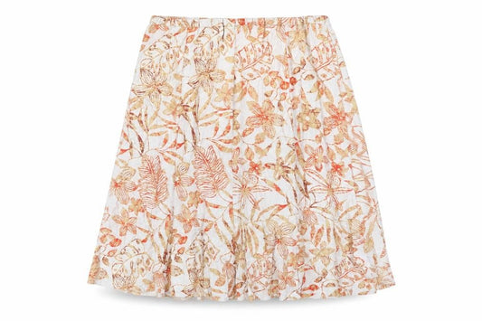 Front view of Damart women’s beige floral linen flare skirt, size XL, zip