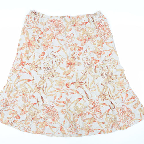 Damart Womens Beige Floral Linen Flare Skirt Size XL Zip