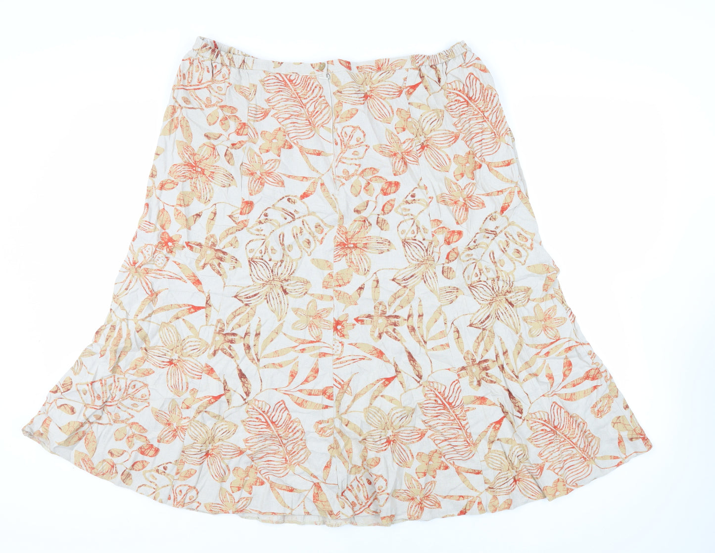Damart Womens Beige Floral Linen Flare Skirt Size XL Zip
