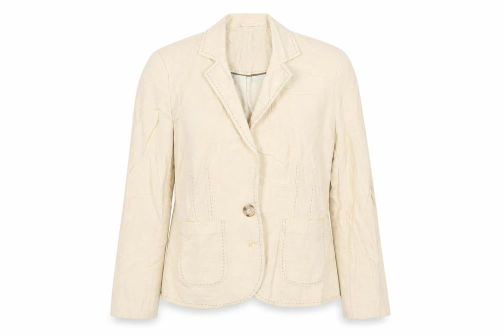 Front view of Per Una women’s beige jacket blazer, size UK 10, button
