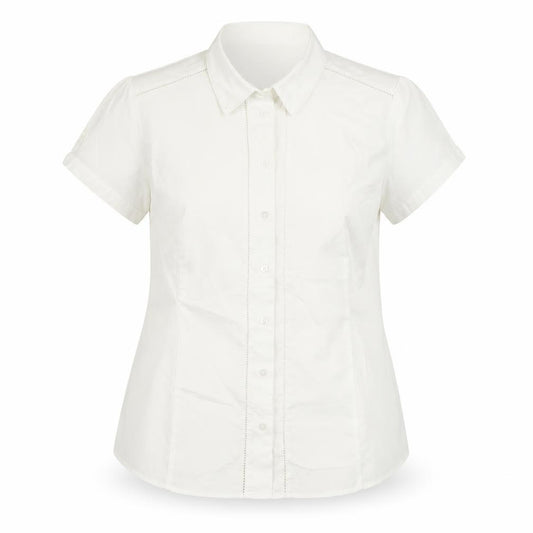 Front view of Marks & Spencer women’s white polyester basic button-up, size UK 14, collared