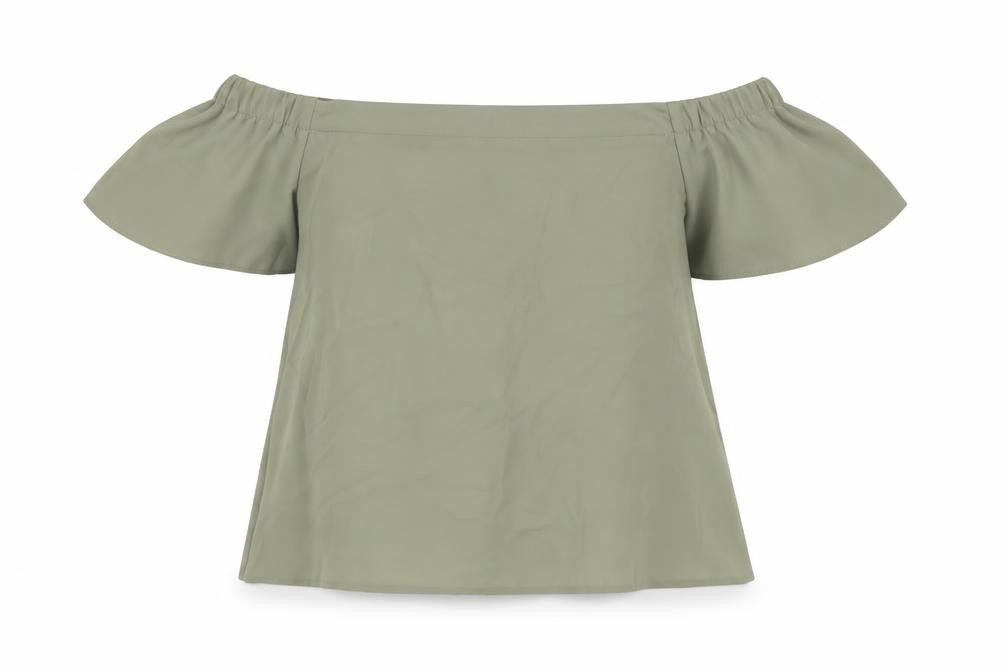 Front view of New Look women’s green polyester basic blouse, size UK 8, off the shoulder