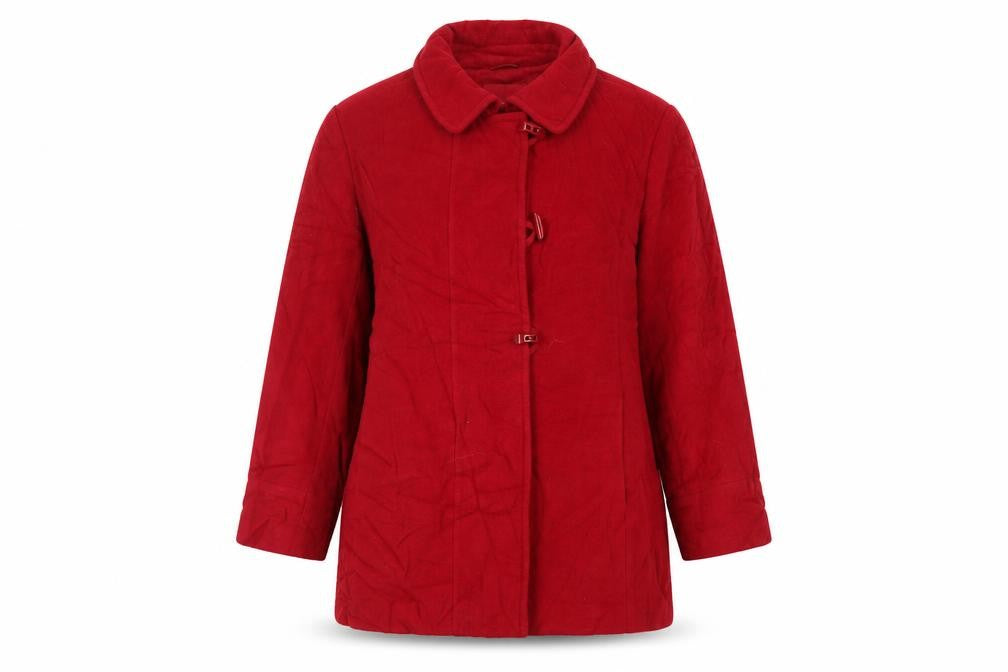 Front view of EWM women’s red pea coat coat, size UK 20, toggle