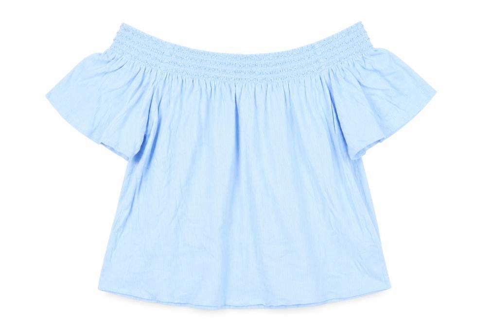 Front view of Marks & Spencer women’s blue polyester basic blouse, size M, off the shoulder - embroidered neckline