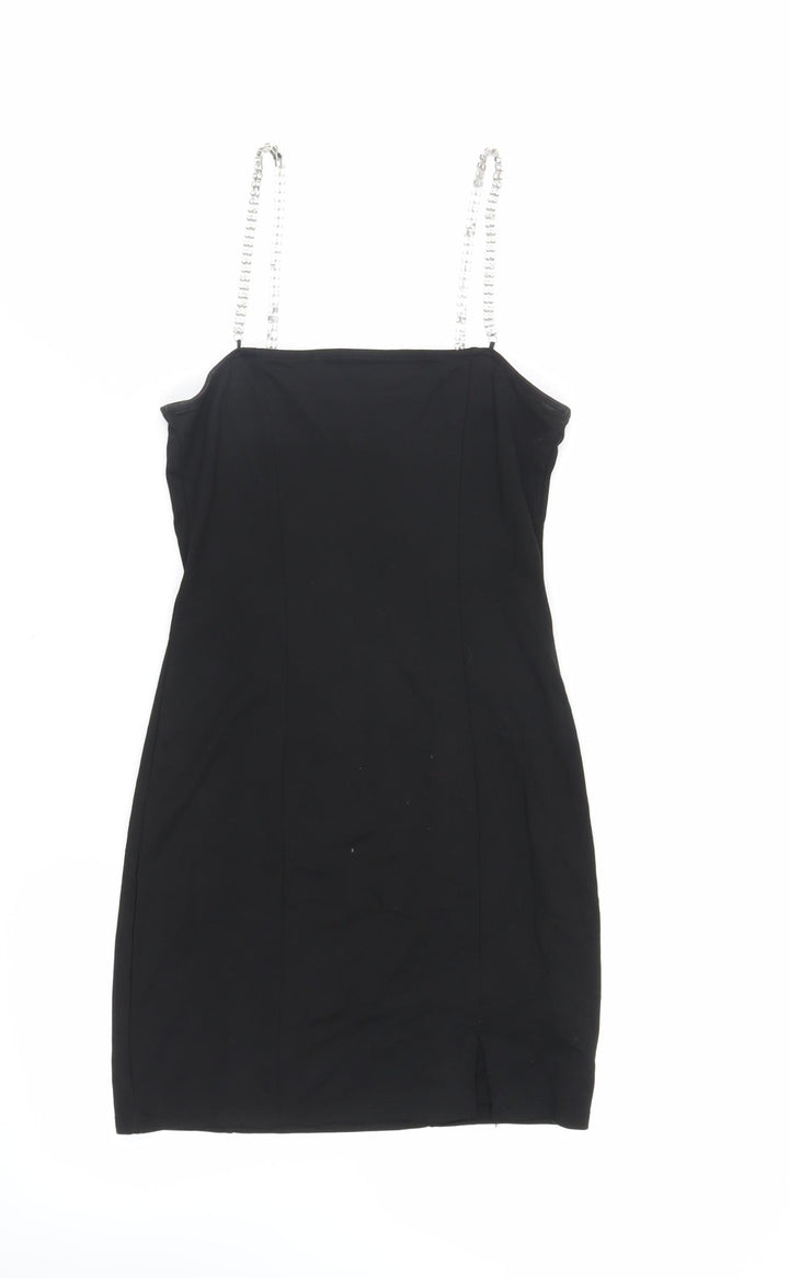 H&M Womens Black Viscose Bodycon Size XS Square Neck Pullover - Rhinestone Straps