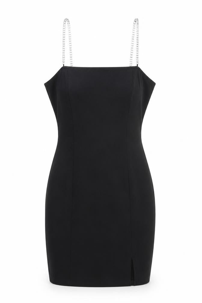 Front view of H&M women’s black viscose bodycon, size XS, square neck pullover - rhinestone straps