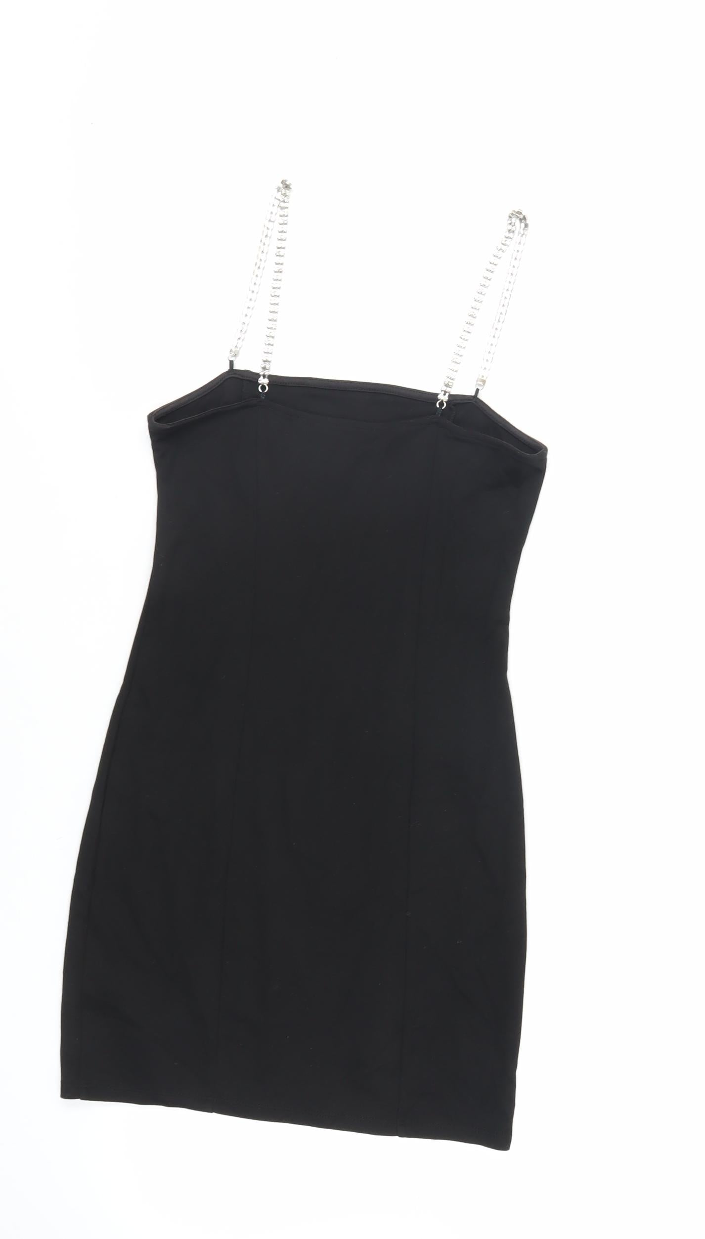 H&M Womens Black Viscose Bodycon Size XS Square Neck Pullover - Rhinestone Straps