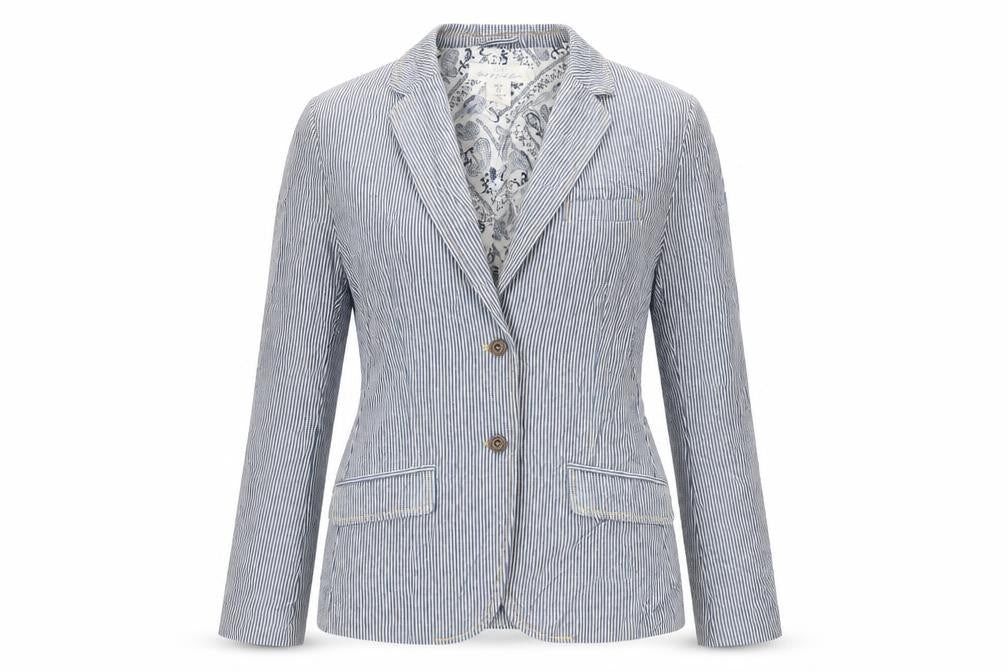 Front view of H&M women’s blue striped jacket blazer, size UK 10, button