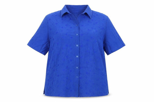Front view of Best Basics women’s blue viscose basic button-up, size UK 18, collared - embroidered